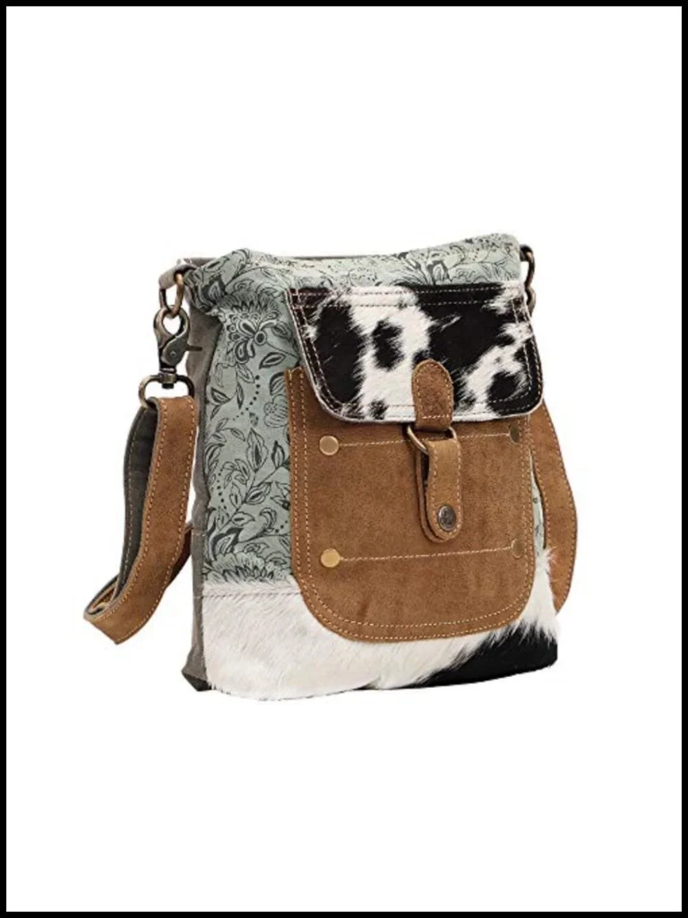 Women's Cow Hide Hairon Leather Canvas Floral Shoulder Bag
